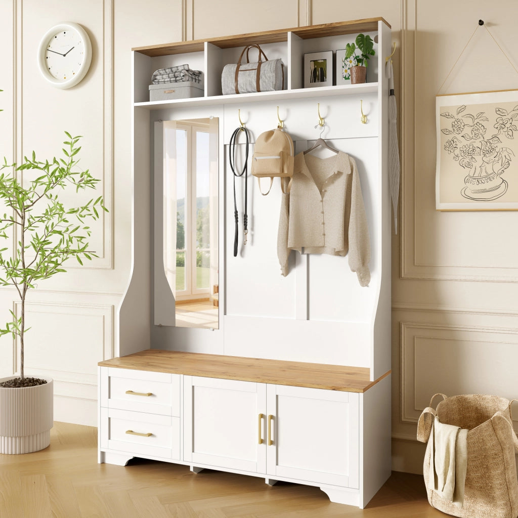 Mobile da ingresso portascarpe 120x40x187 cm MDF bianco con LED， specchio e vani