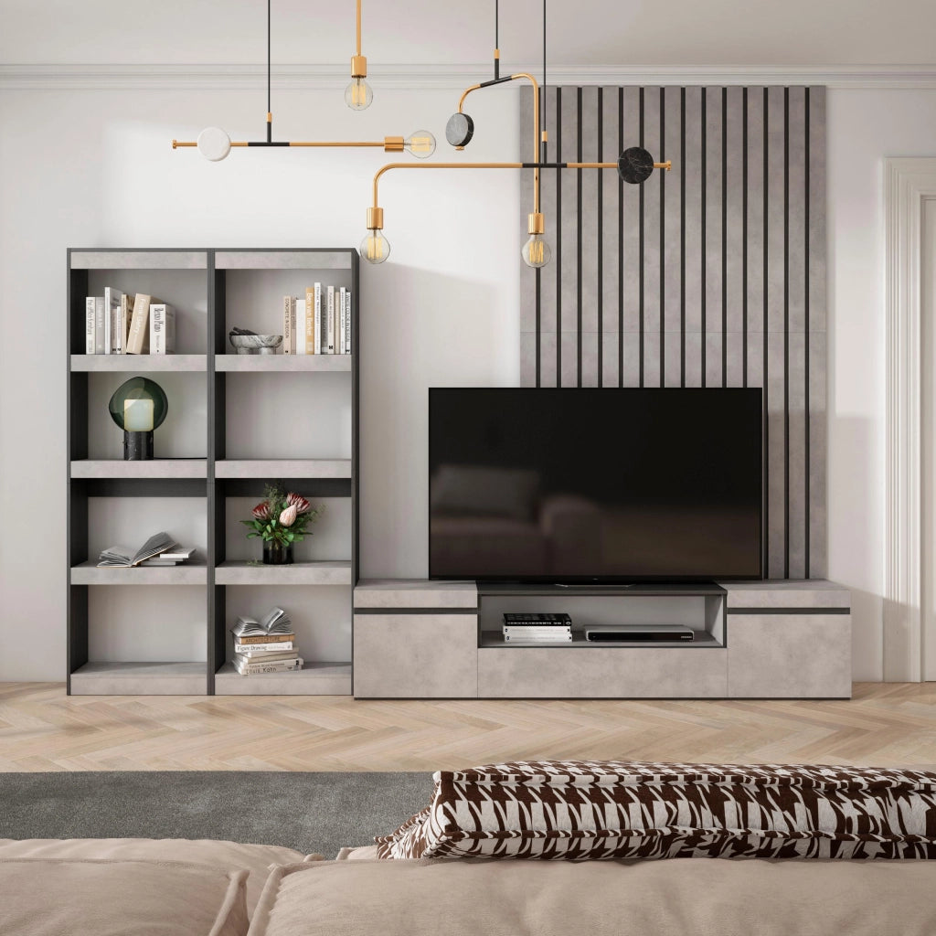 Mobile TV, Soggiorno, 320x35x186cm, Per TV fino a 80", Set di mobili, grigio cemento RF2605