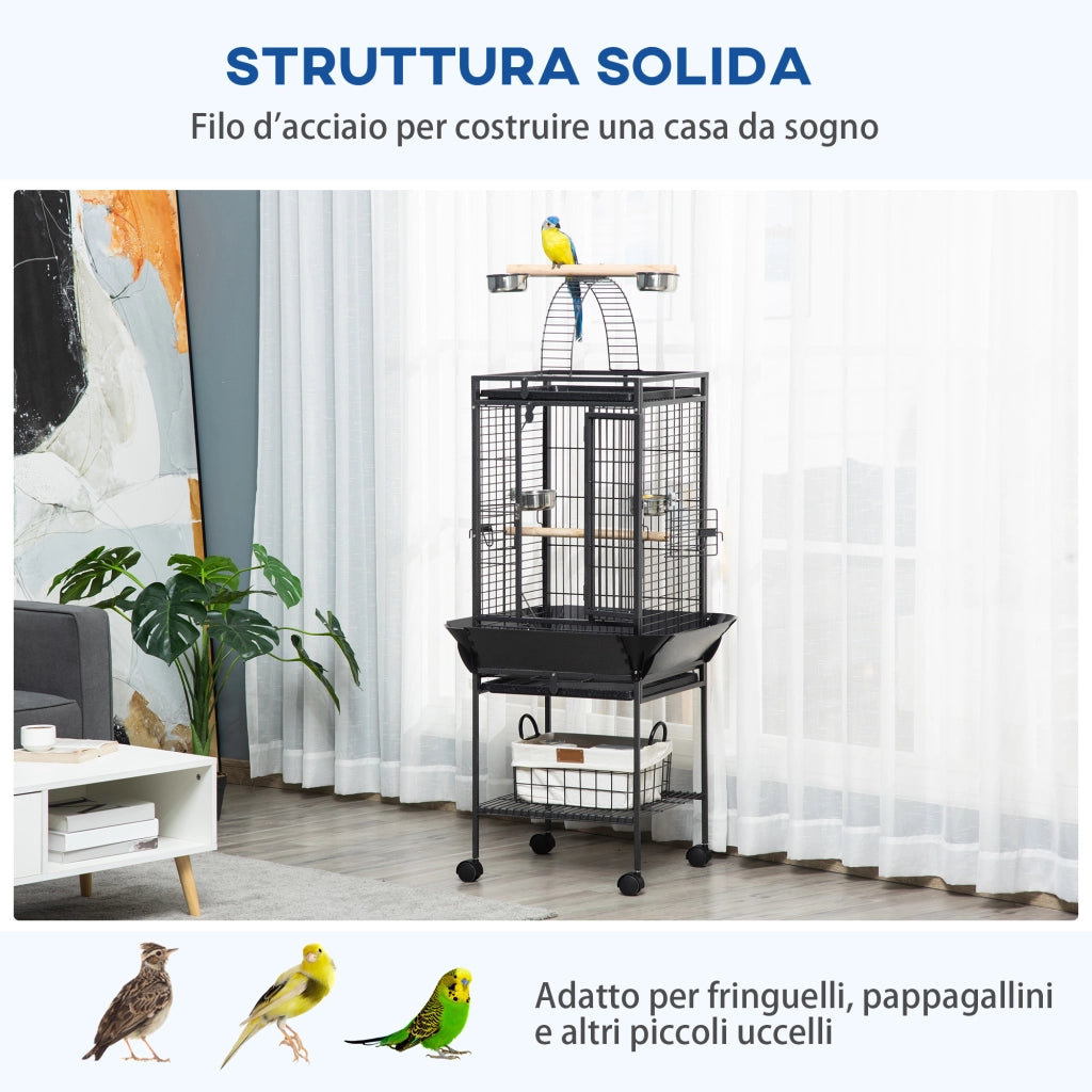 Gabbia per Pappagallini con 2 Posatoi e Scala ad Arco, in Acciaio, 62.5x62.5x156 cm, Grigia