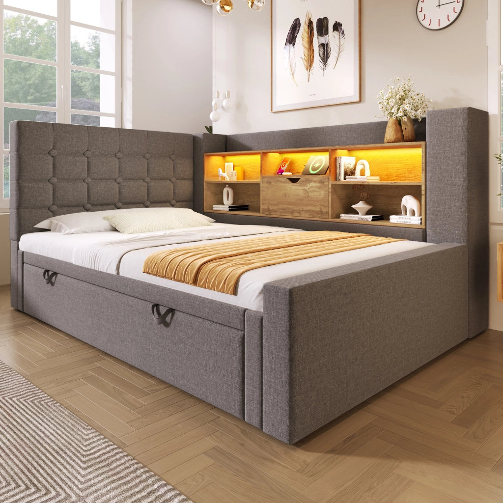 Letto estraibile 90x200 cm con secondo letto 90x190 cm; LED e porte USB; tessuto grigio