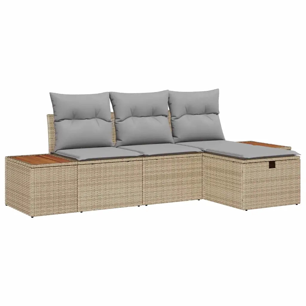 Set Divano da Giardino con cuscino 4 pz | Set Salotto da Giardino Beige Poly Rattan
