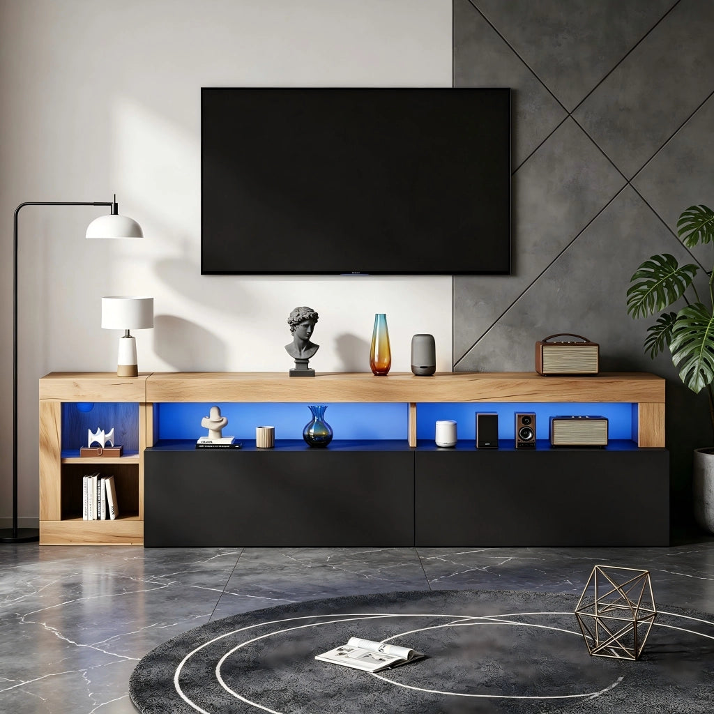 Mobile TV con luci a LED e vani a vista, adatto a televisori da 80 pollici, nei colori legno naturale e nero