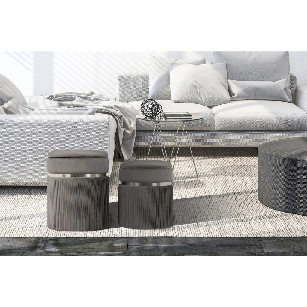 Set 2 Pouf Contenitori Zora in Velluto Grigio e Argento