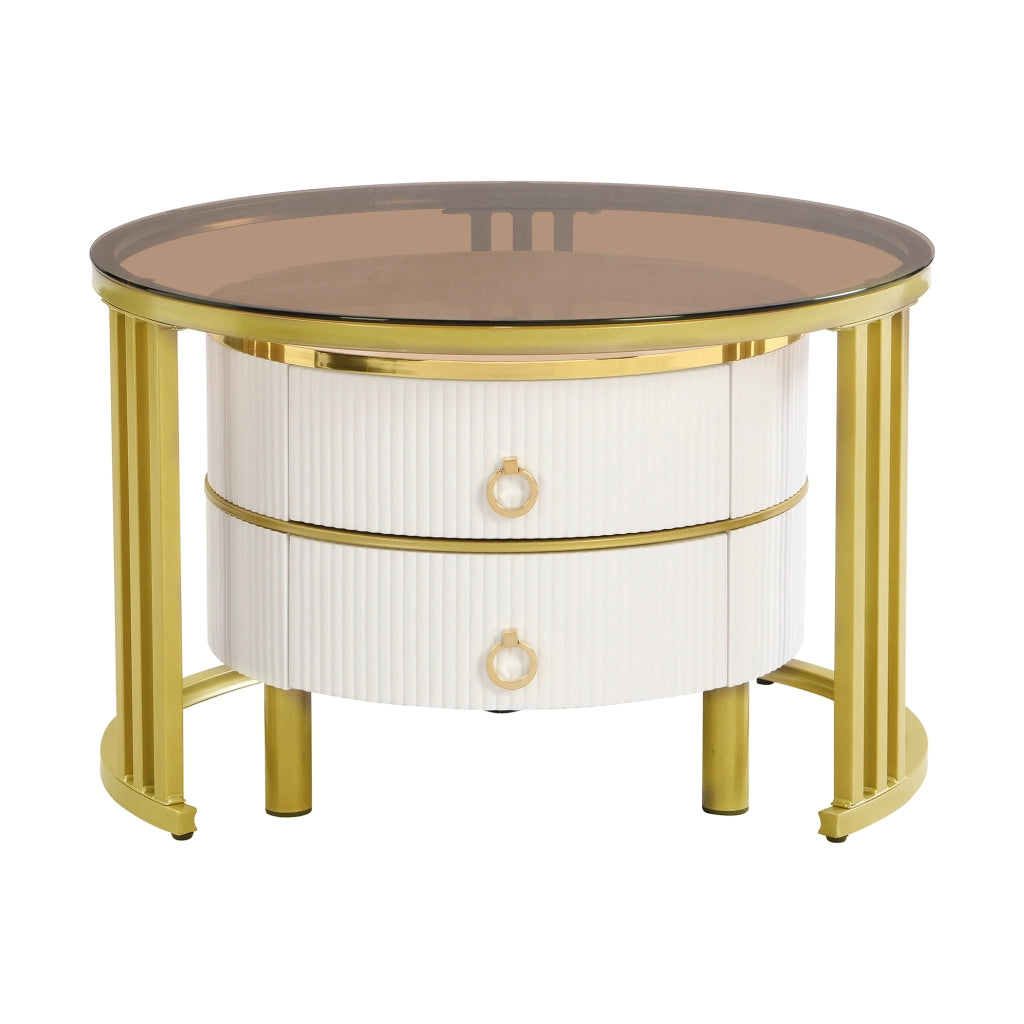 Tavolino da Salotto Rotondo Set 2 Pezzi ¨C Xylo ¨C MDF/Vetro Temperato, Bianco/Marrone, 70x70x45 + 50x50x40 cm