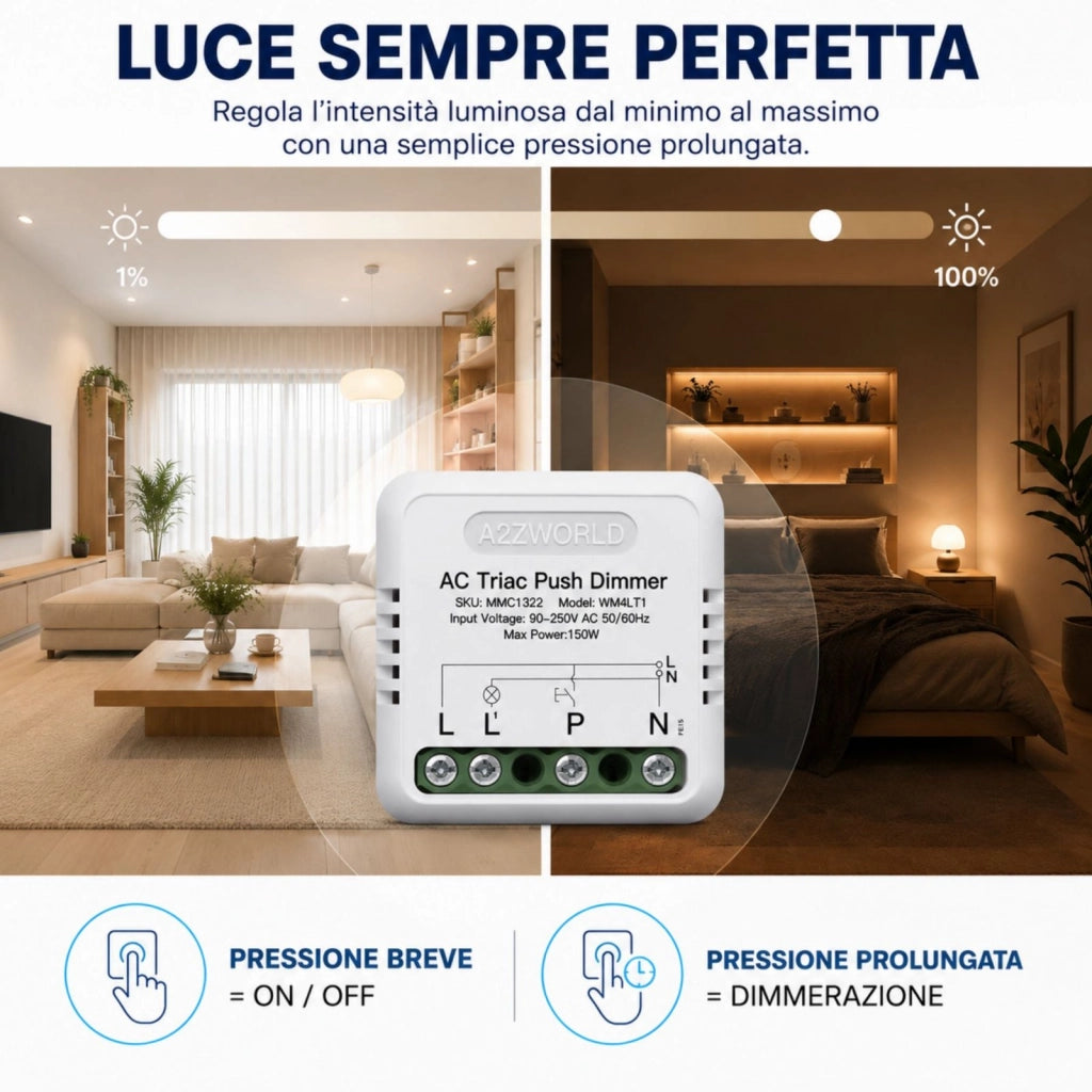 Push AC Triac Dimmer, per Lampada Led Dimmerabile Taglio di Fase, AC 220V 1A Max 150W, Regolabile 10-100%, Sincronizzabile con più Dimmer