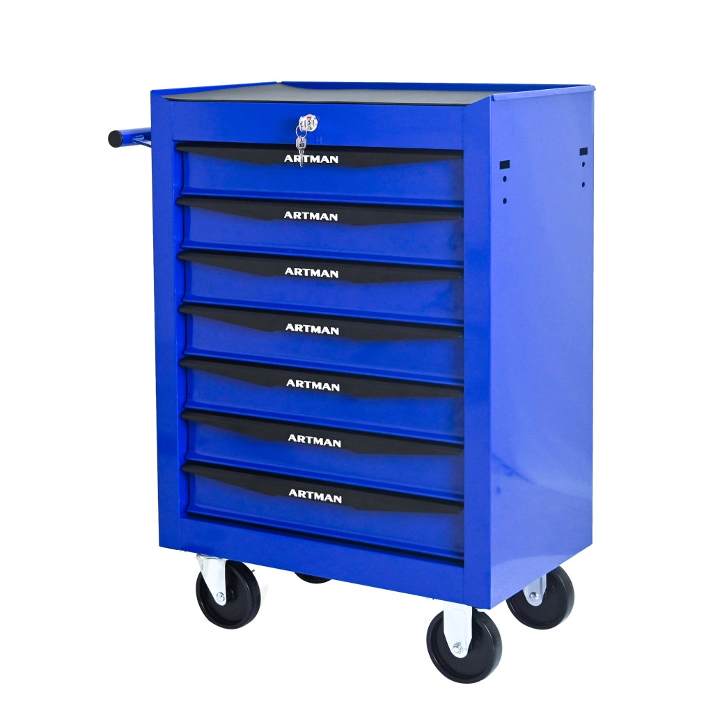 Cassettiera con ruote in acciaio con 7 cassetti e guide a sfere per garage e officina nero e blu 60 × 33 × 77,5 cm