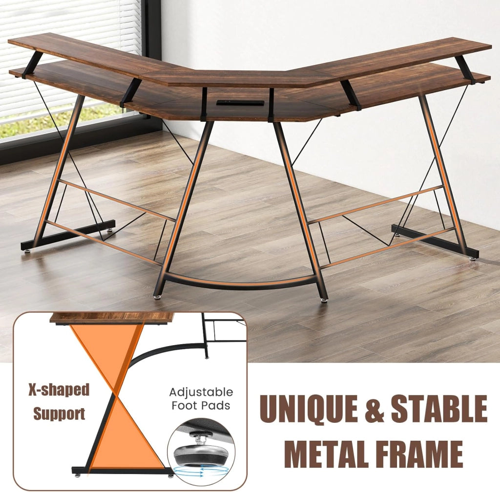 Scrivania angolare per computer a forma di L con 2 prese di corrente, supporto per tastiera, scrivania per computer con 2 porte USB, 130 x 130 x 86 cm (marrone)