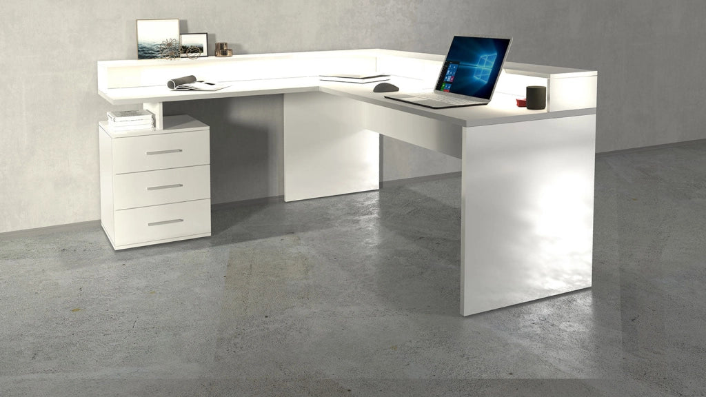 Scrivania Angolare 3 Cassetti e Ripiani a Giorno 180/160x60x90 cm New Selina Bianco Lucido