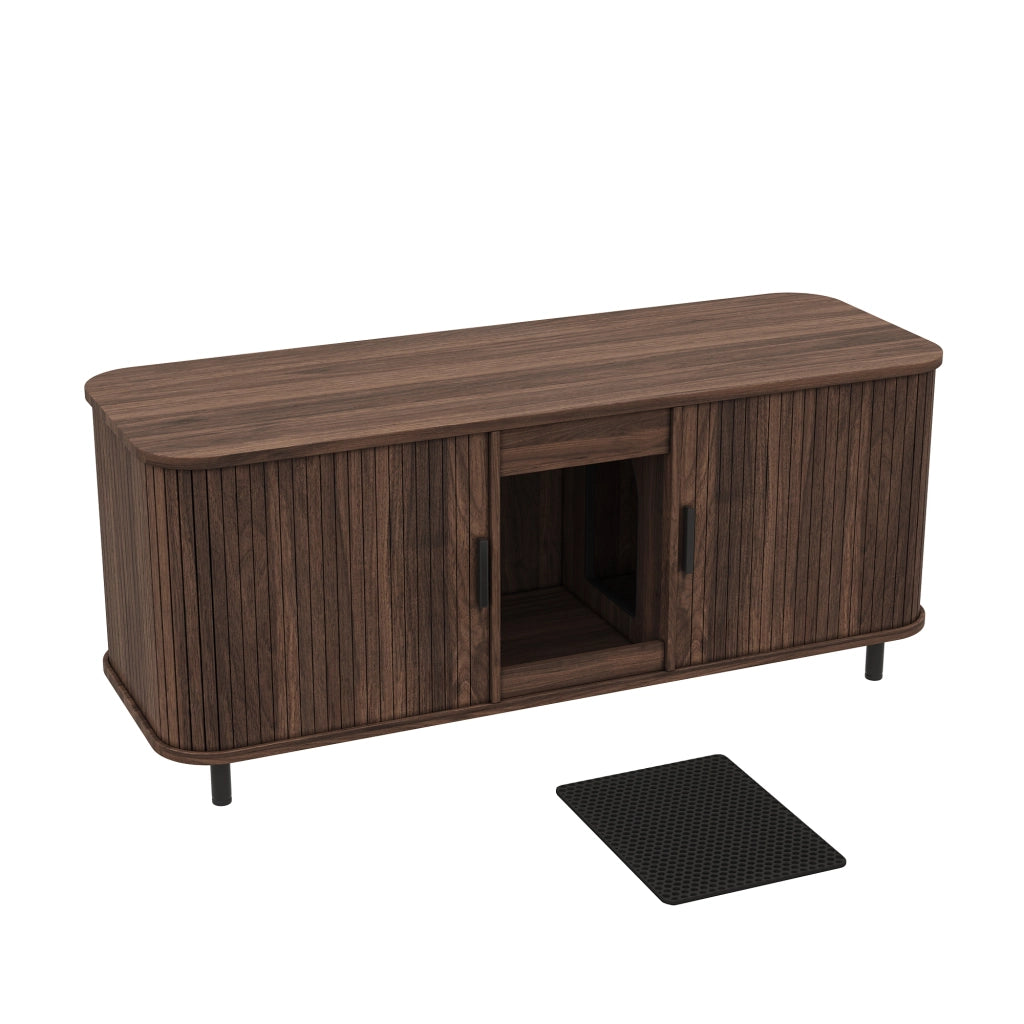 Mobile coperto per lettiera per gatti con 2 vani e porte scorrevoli, per soggiorno, in MDF, noce, 140 × 50 × 60 cm
