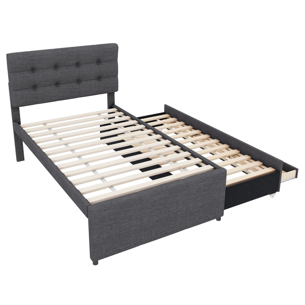 LETTO imbottito estraibile 90x200 cm grigio in lino con 3 cassetti
