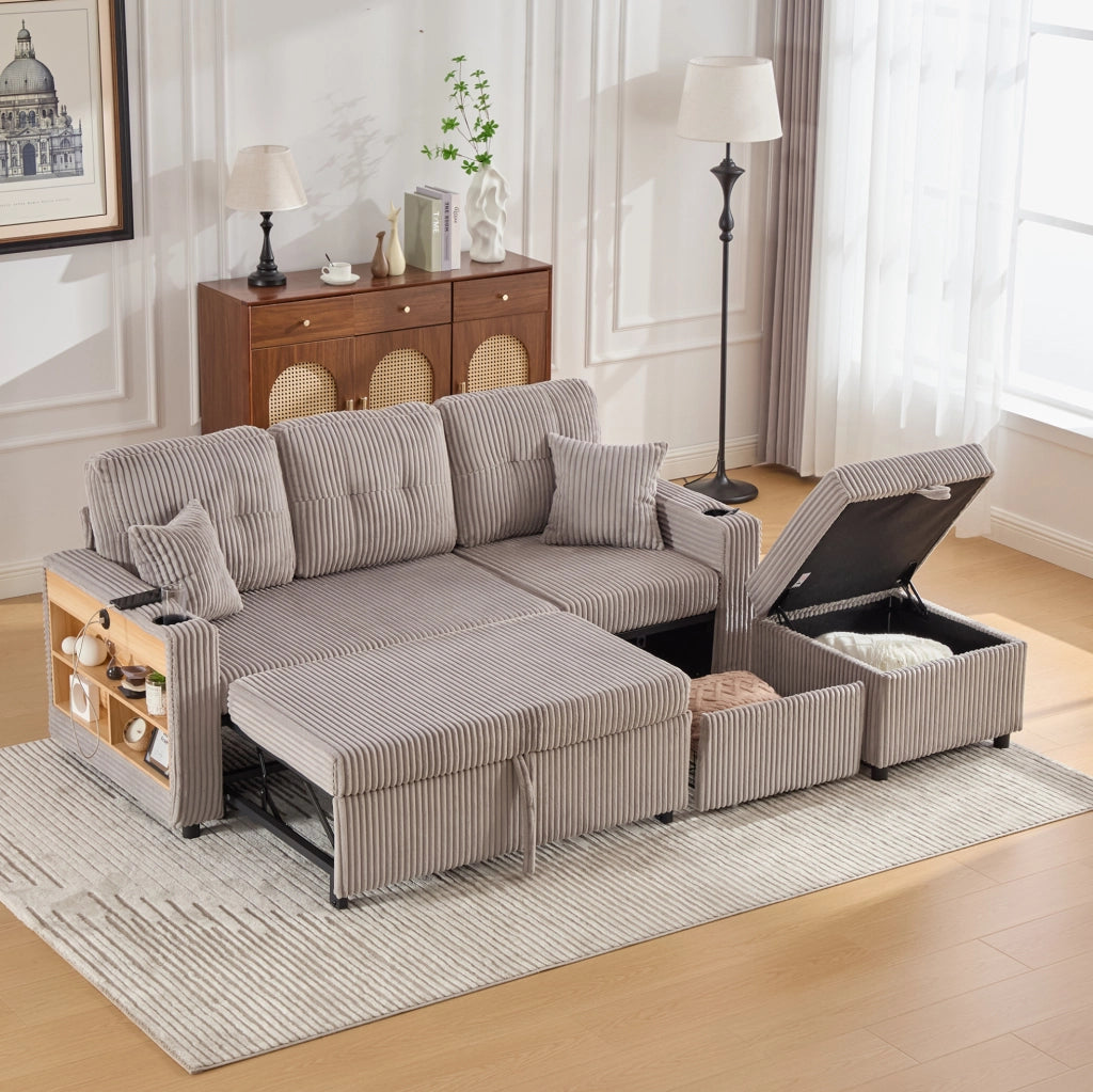Divano letto in velluto a coste grigio chiaro con LED e USB-C