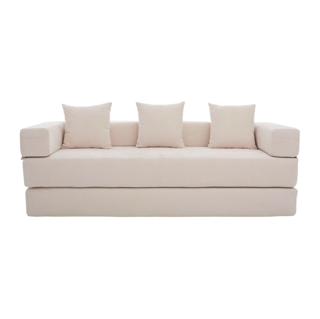 Divano modulare 198x79x60 cm in chenille con tasche laterali e fondo antiscivolo beige