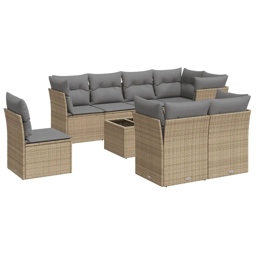 Set Divano da Giardino 9 pz con Cuscini Beige in Polyrattan