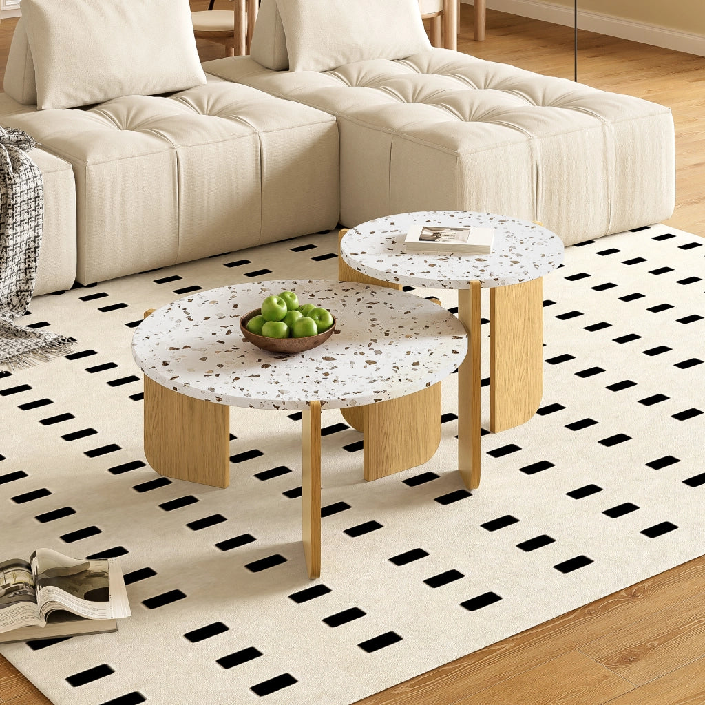 Tavolini bassi impilabili a nido in MDF, set da 2, con piano decorato e uso versatile per soggiorno e balcone