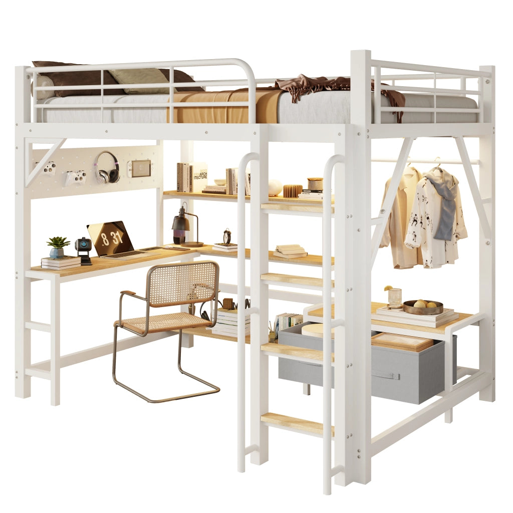 Letto a soppalco 140x200 cm con scrivania; LED e contenitore in MDF e metallo