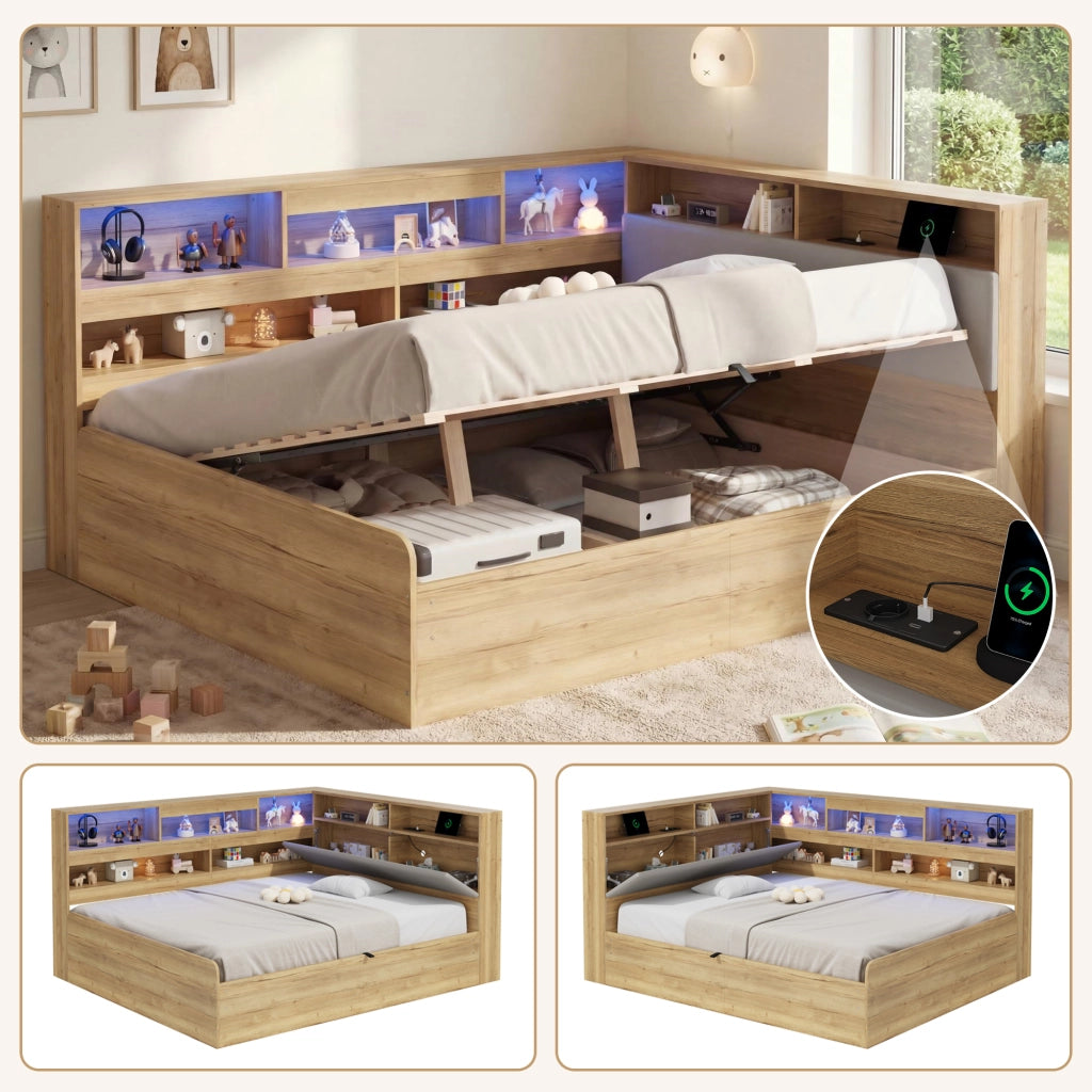 Letto per bambini 90 × 200 cm et 140 × 200 cm contenitore idraulico, LED, USB et USB-C, senza materasso, in MDF, naturale