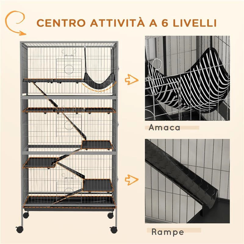 GABBIA PER CONIGLI CON 4 INGRESSI A LIVELLI MULTIPLI CON AMACA, IN ACCIAIO E PP, 80X52X159 CM