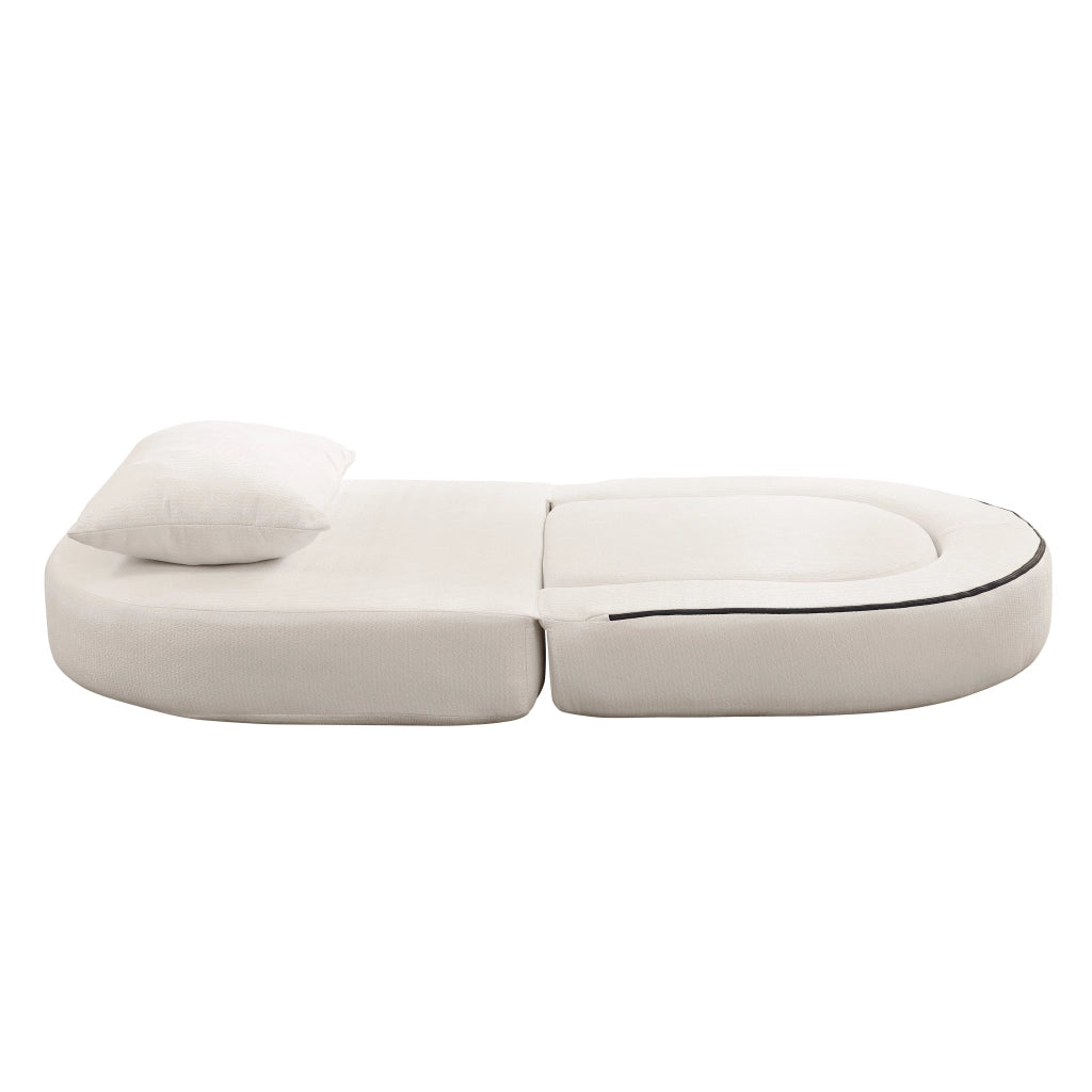 Divano modulare minimalista in ciniglia beige, seduta reversibile e componibile per soggiorno