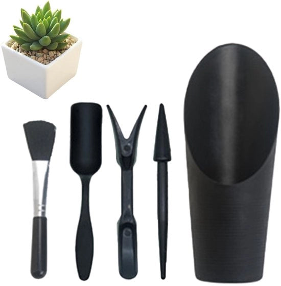 Set di attrezzi per giardinaggio di 5 pezzi - Perforatrice per terra - Trattore per semi - Lame - Spazzola di pulizia - Plastica - Nero - Attrezzi per giardinaggio