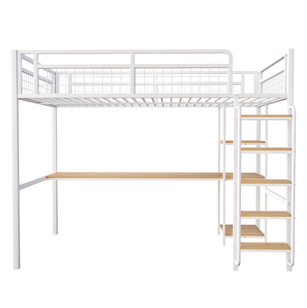 Letto a soppalco 140x200 cm con scrivania e ripiani in metallo e MDF bianco