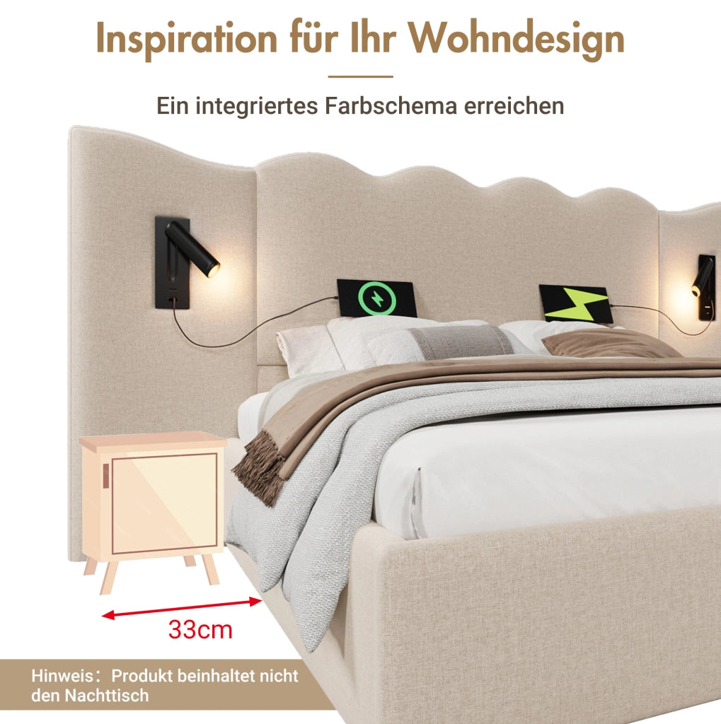 Letto contenitore beige 160 x 200 cm con luce orientabile e ricarica USB