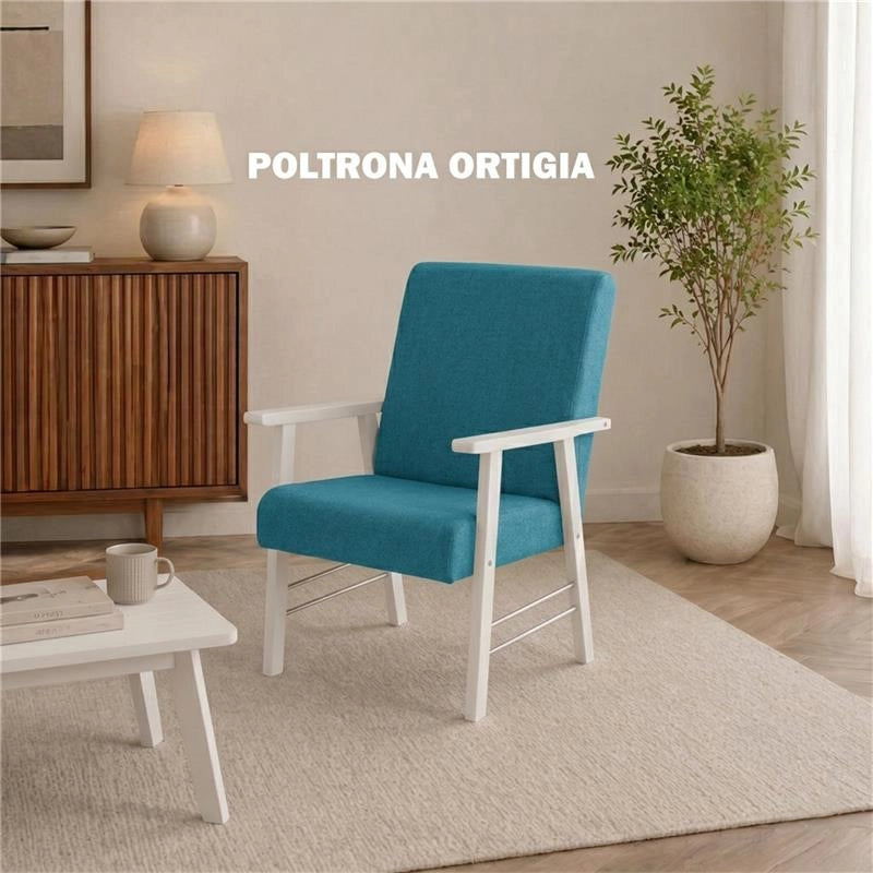 SET SALOTTO DA GIARDINO CON DIVANO, 2 POLTRONE + TAVOLINO IN LEGNO BIANCO E TESSUTO COLORE PETROLIO