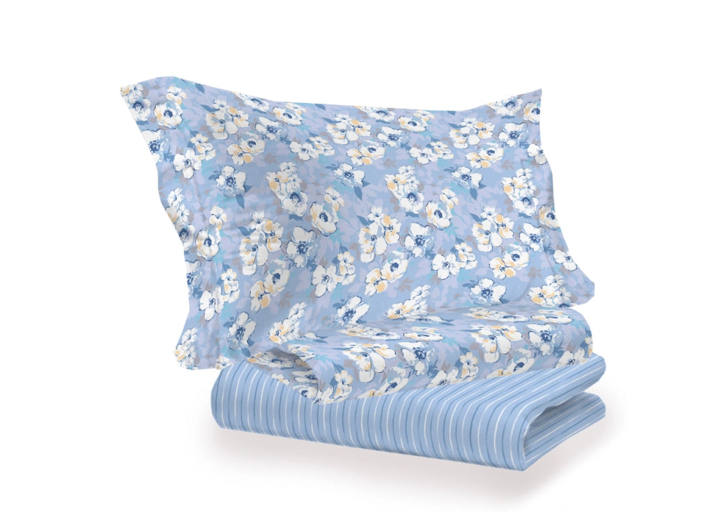 Completo Lenzuola Letto 100% Cotone Italy 3027 Disegno Indie - Singolo - Azzurro