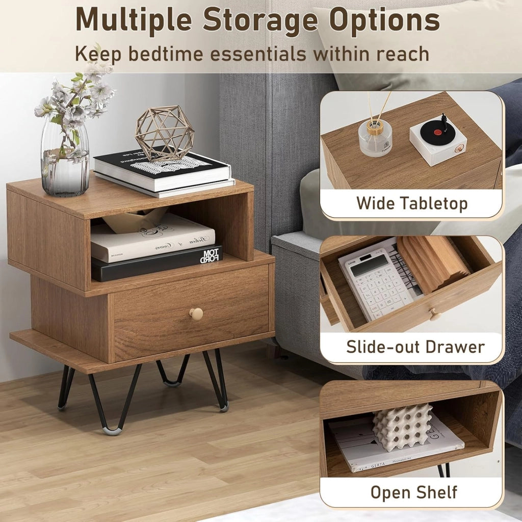 Set di 2 Comodini, Tavolini da Letto in Stile Moderno con Cassetto Rimovibile e Scomparto Aperto, Tavolini da Accento con Gambe in Metallo per Camera da Letto (Naturale)