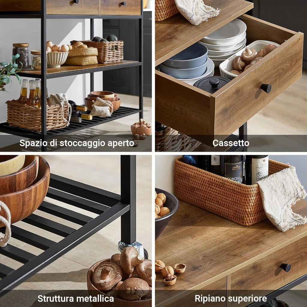 Carrello da Cucina e Mobile Cucina Salvaspazio con 2 Cassetti e 2 Ripiani – Mobiletto con Ruote Stile Industriale, Credenza Compatta per Ingresso, Cucina o Soggiorno 100x45x93cm FKW112-PF