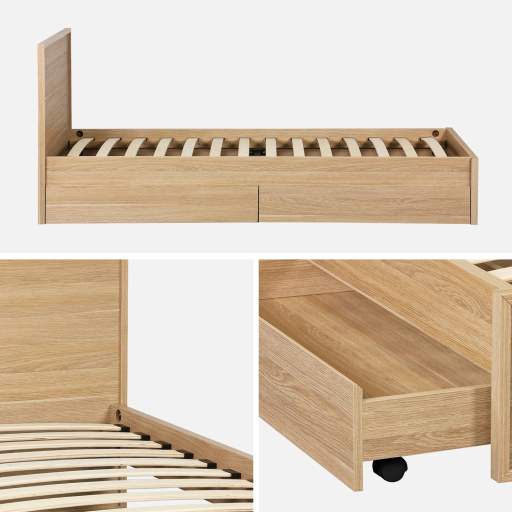 Letto con rete a doghe e testiera 90cm + 2 cassetti decorazione legno,