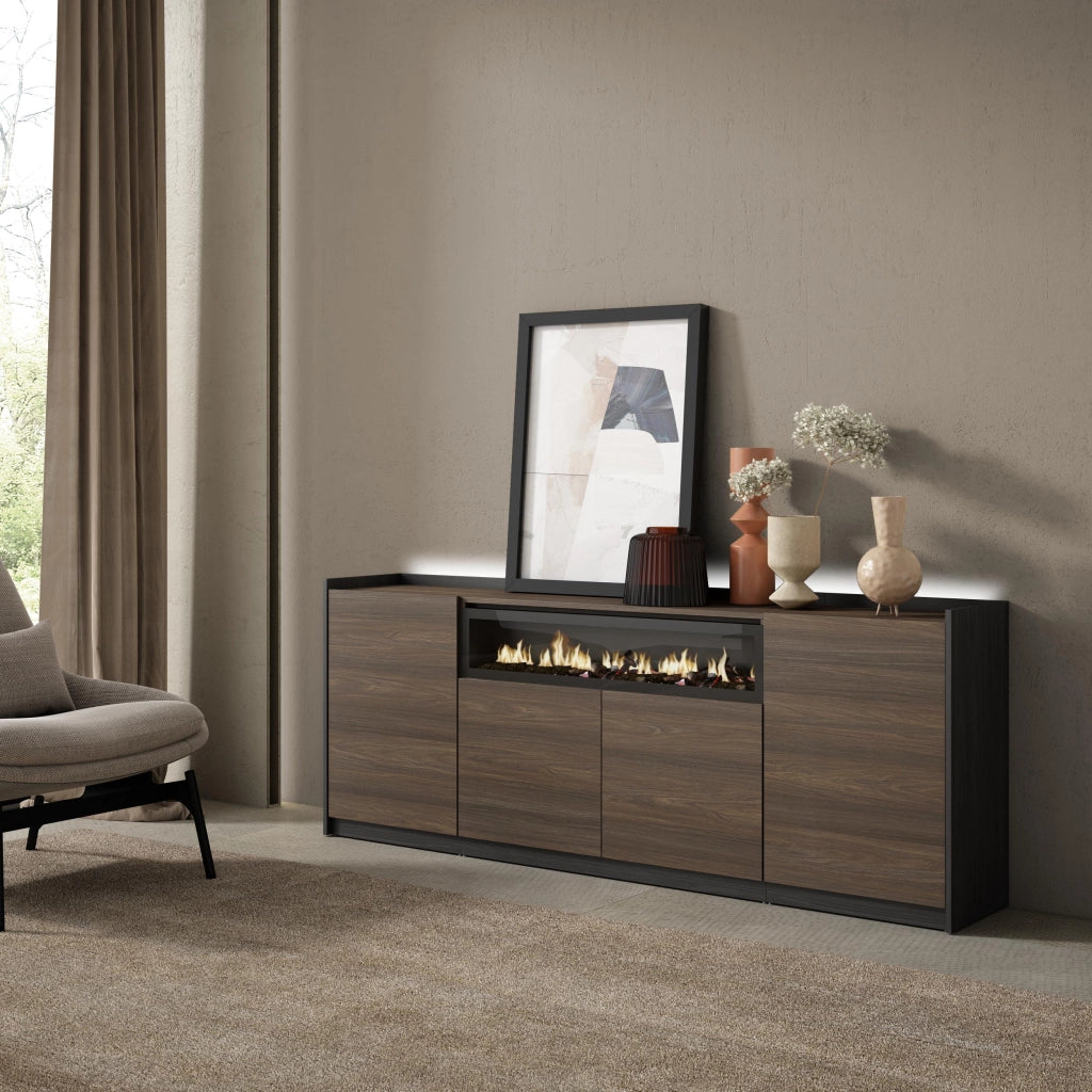 Credenza, Mobile, Cucina, 207x80x37 cm, 4 Porte, Camino elettrico, LED, Rovere scuro e Nero