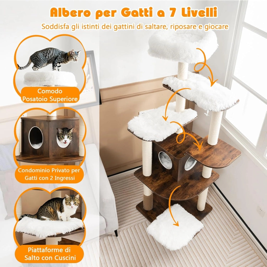 Tiragraffi per Gatti Adulti, Tiragraffi per Gatti con Cuccia, Piattaforma, Cuscini e Tiragraffi, Albero Tiragraffi per Gatti Grandi Alto in Legno, 60 x 60 x 160 cm
