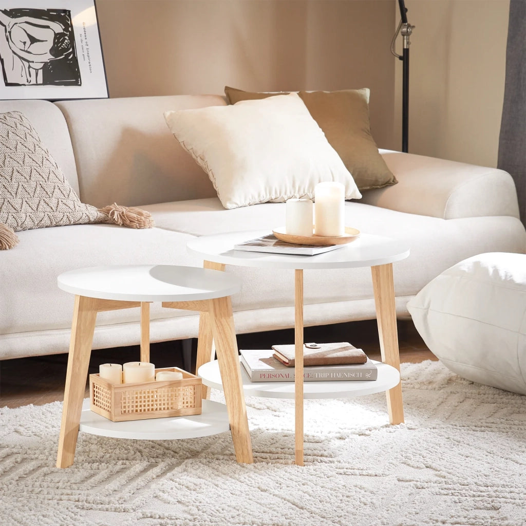 Set di 2 Tavolini Bassi da Salotto in Legno Massiccio di hevea e MDF con 4 Ripiani Bianco FBT75-W