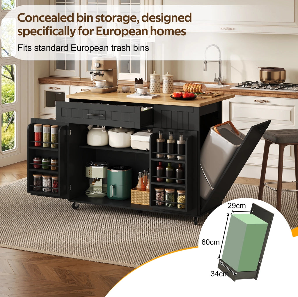 Isola da cucina con piano ribaltabile 130x70x93 cm in MDF nero; carrello con ruote bloccabili