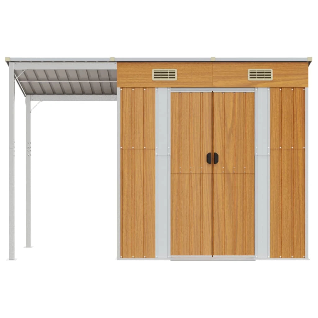 Casetta da giardino cabina ripostiglio casetta da esterno robusta casetta per attrezzi con tetto estensibile trasparente 277 x 110,5 x 181 cm marrone 02_0022220
