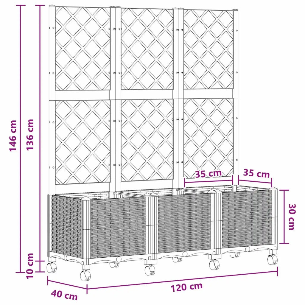 Vaso da giardino con grigliato e ruote Nero 120 x 40 x 146 cm 3423057
