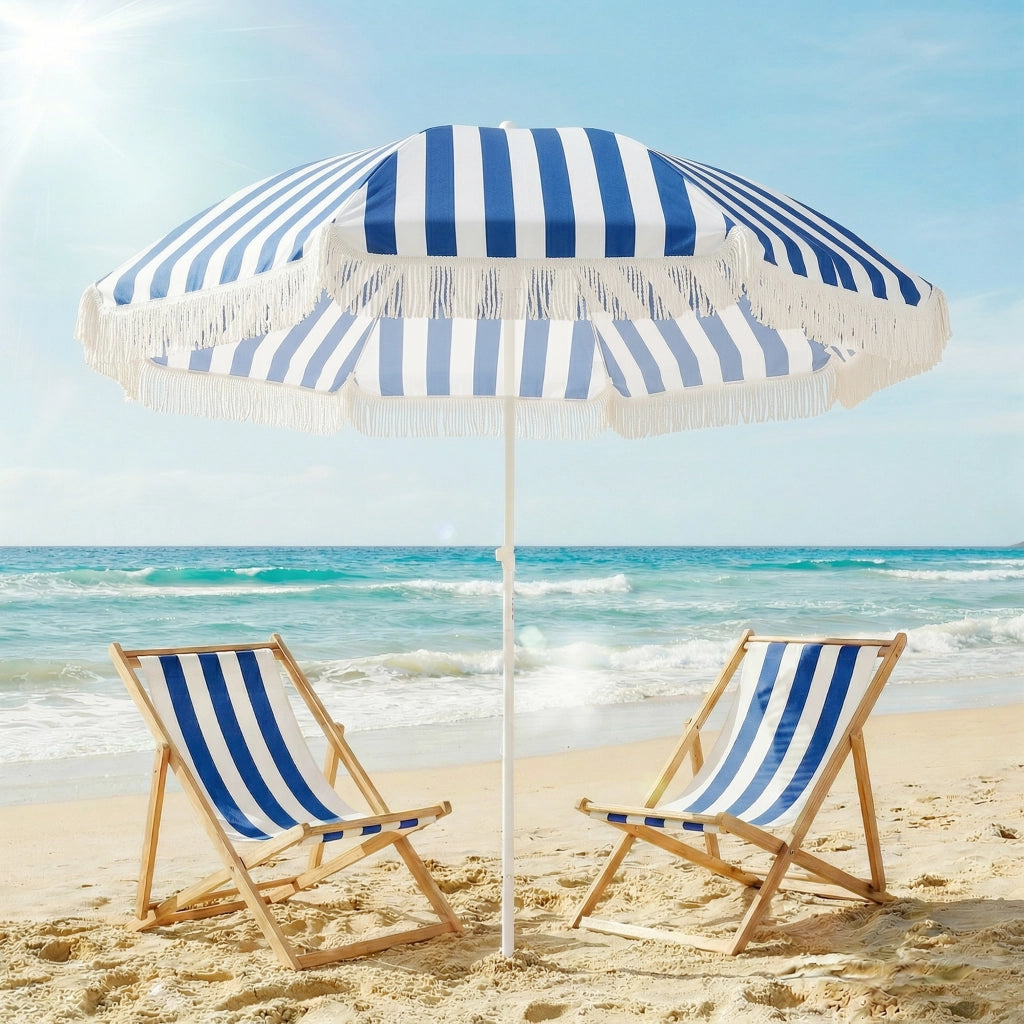 Ombrellone da Giardino con Frangia ¨C Zephmum ¨C Blu e Bianco ?180 cm