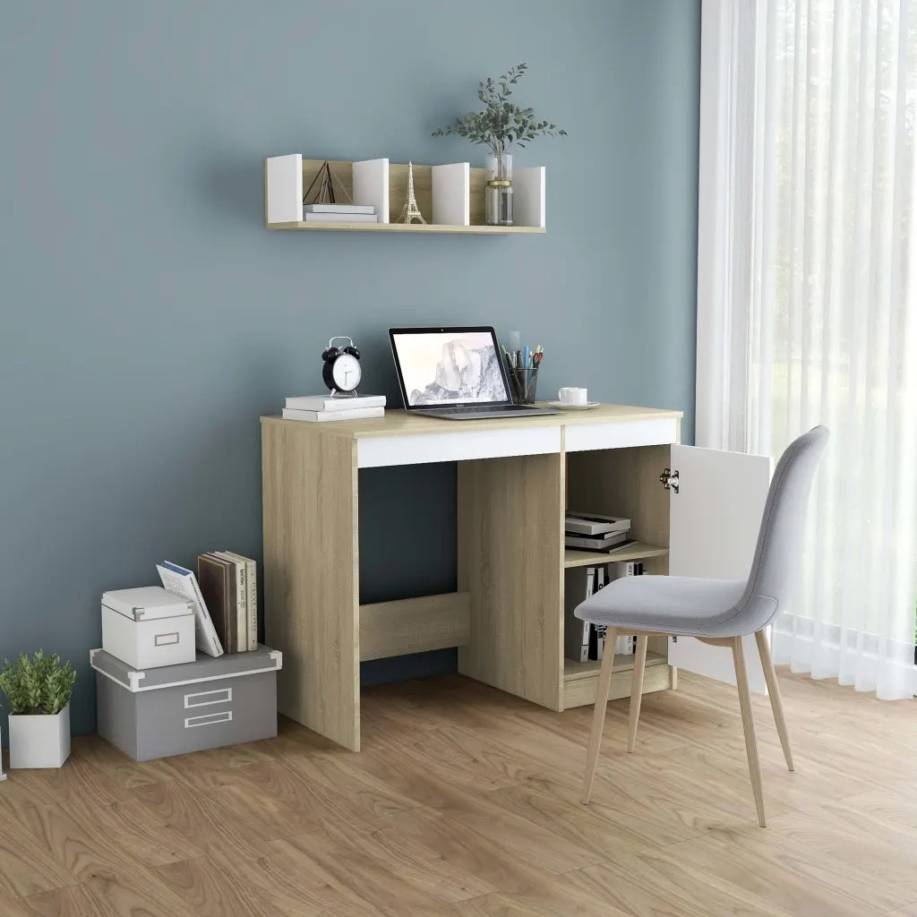 Scrivania Bianca e Rovere Sonoma 100x50x76 cm Legno Multistrato