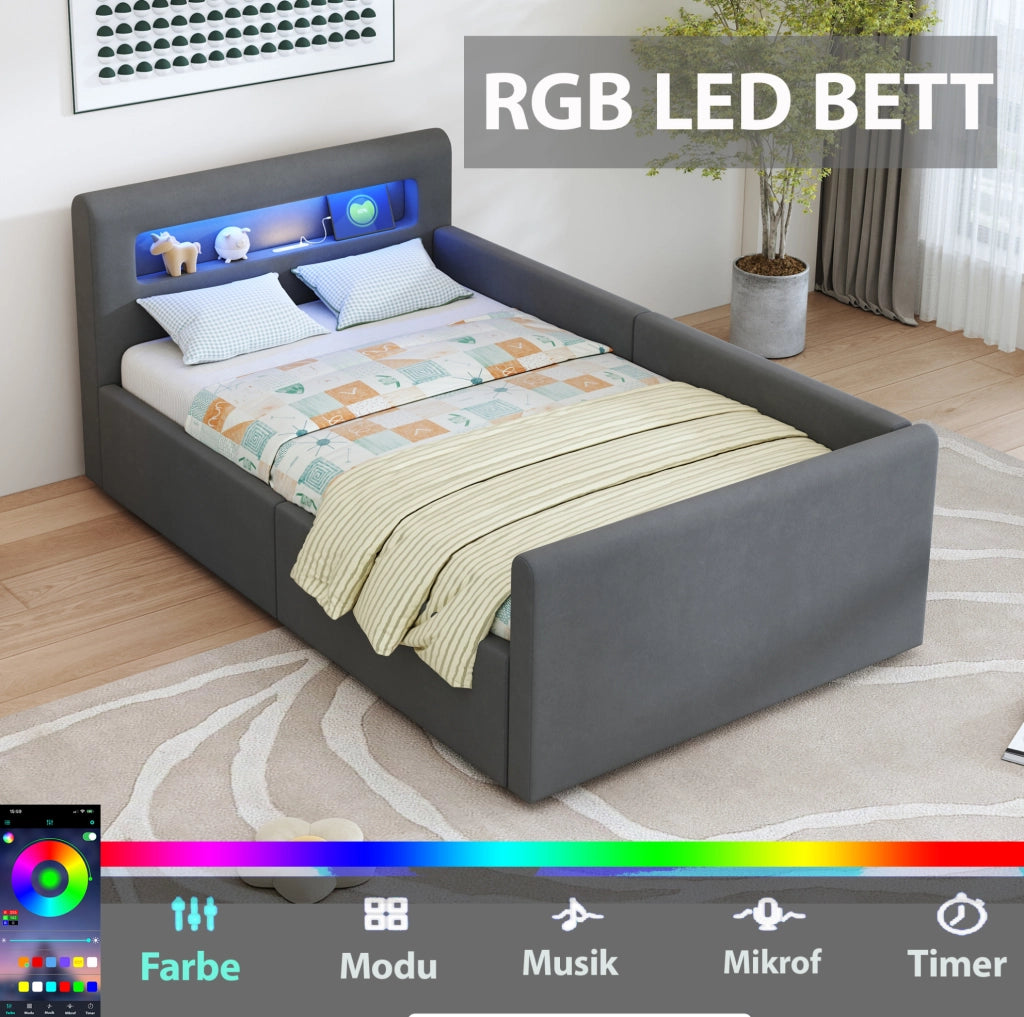 Letto imbottito bambini 90x200 cm in velluto grigio con LED; USB e contenitore