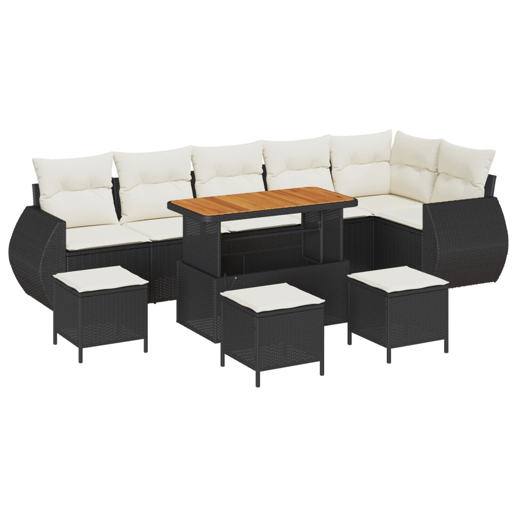 Set Divano da Giardino in 10 Pezzi con Cuscini Nero Polyrattan Acacia