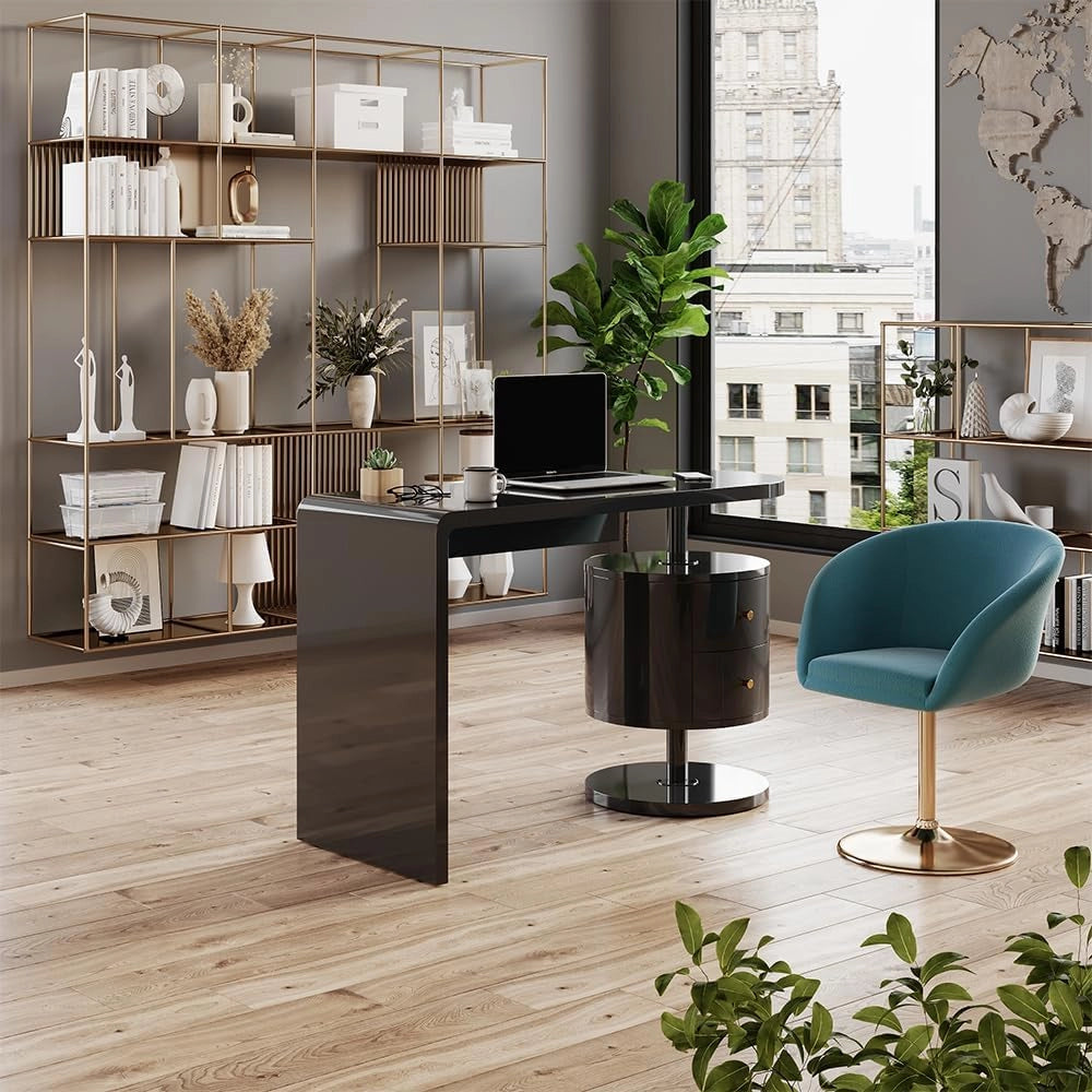 Scrivania Lara, Nero lucido, 120 x 50 cm con 2 conducenti, adatto per postazioni di lavoro al computer e applicazioni home office