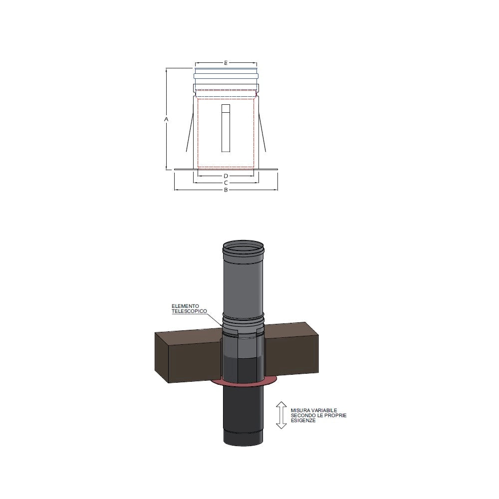 Raccordo a soffitto telescopico da 120mm con innesto per tubo inox per stufa a legna