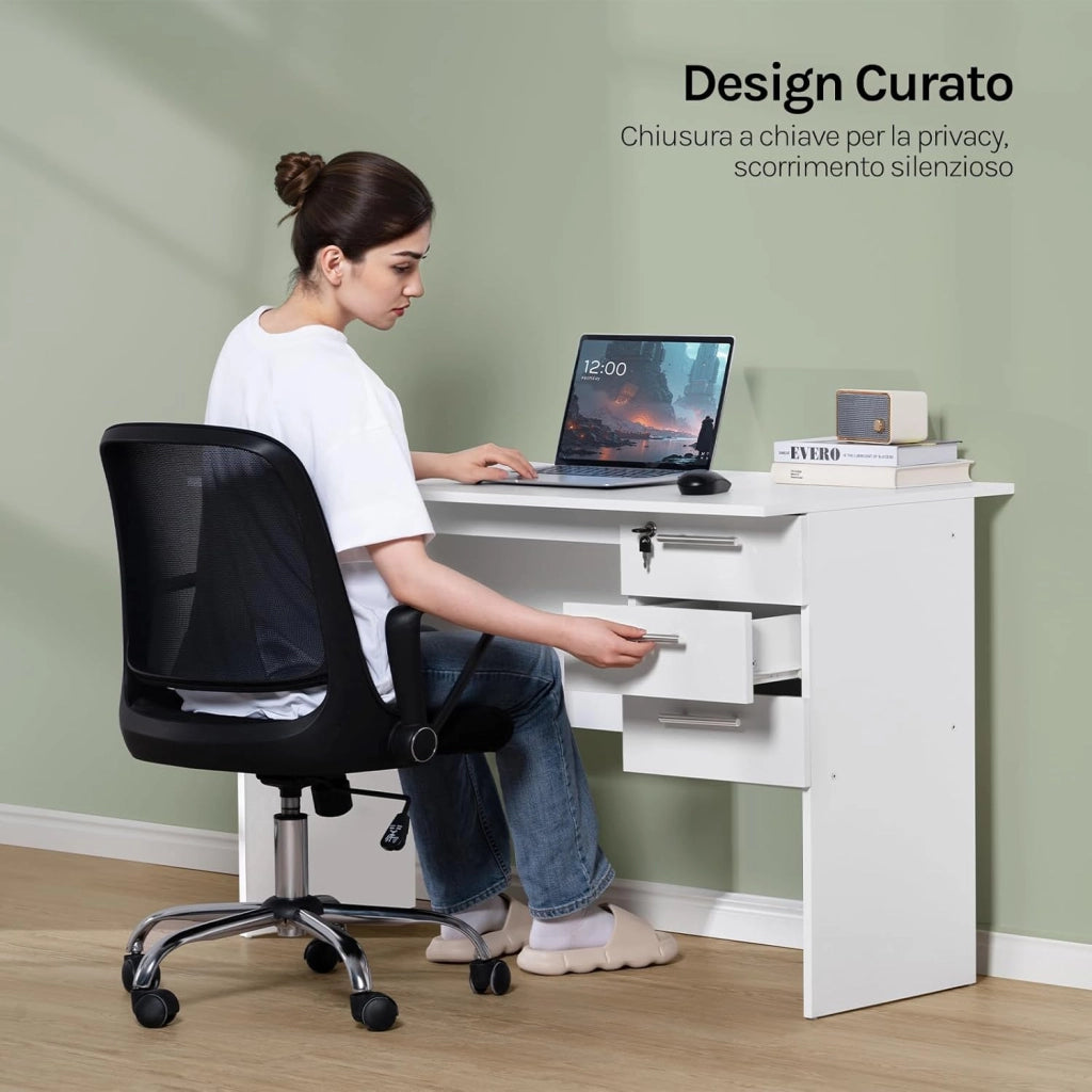Scrivania con 3 Cassetti, 120x60 cm, Bianco, Tavolo da Lavoro, Scrivania per Computer, Porta PC in Legno