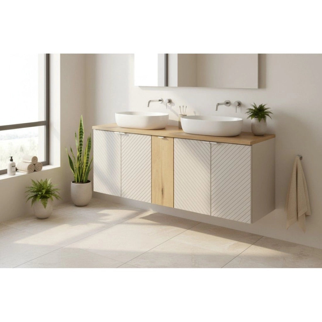 Set da bagno AOKI: mobili sottolavello con armadietti 140cm + piano lavabo effetto legno