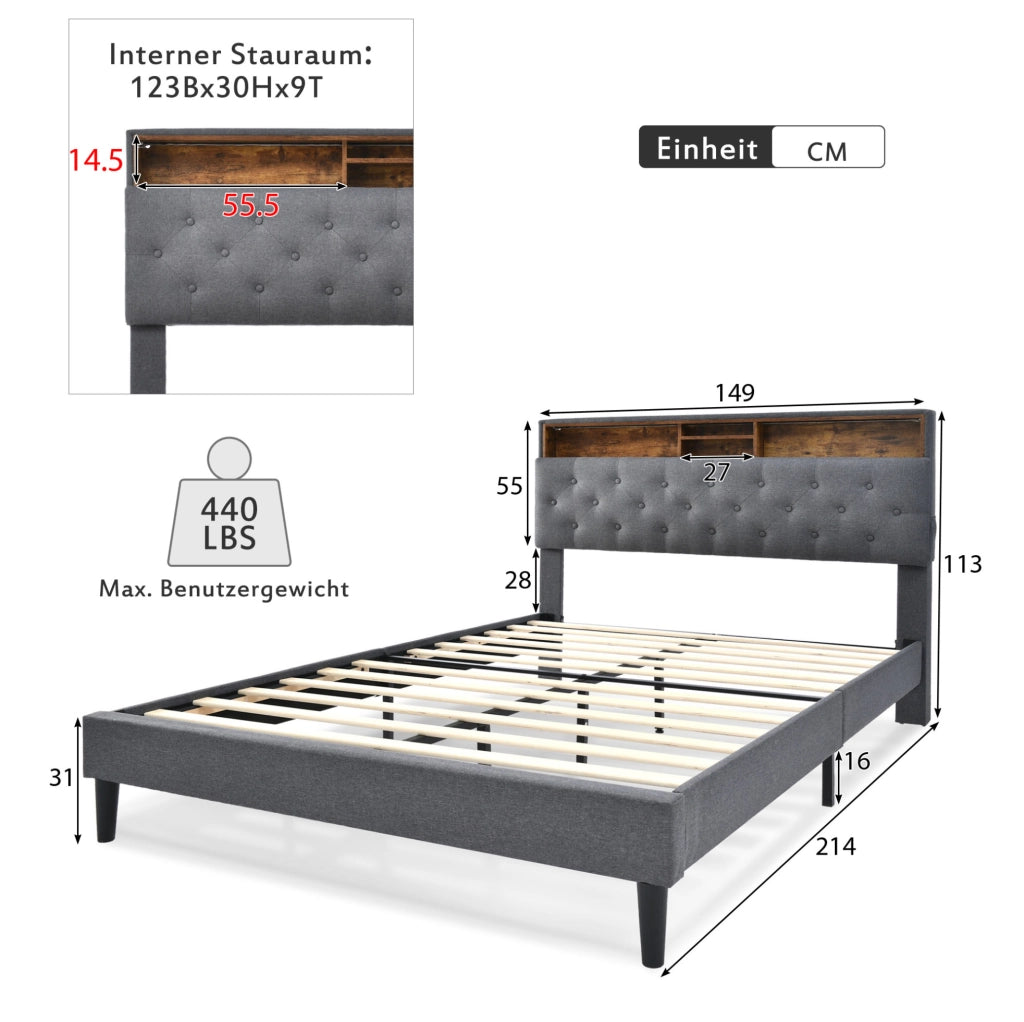 Letto matrimoniale imbottito con testiera contenitore e LED; 140x200 cm; grigio