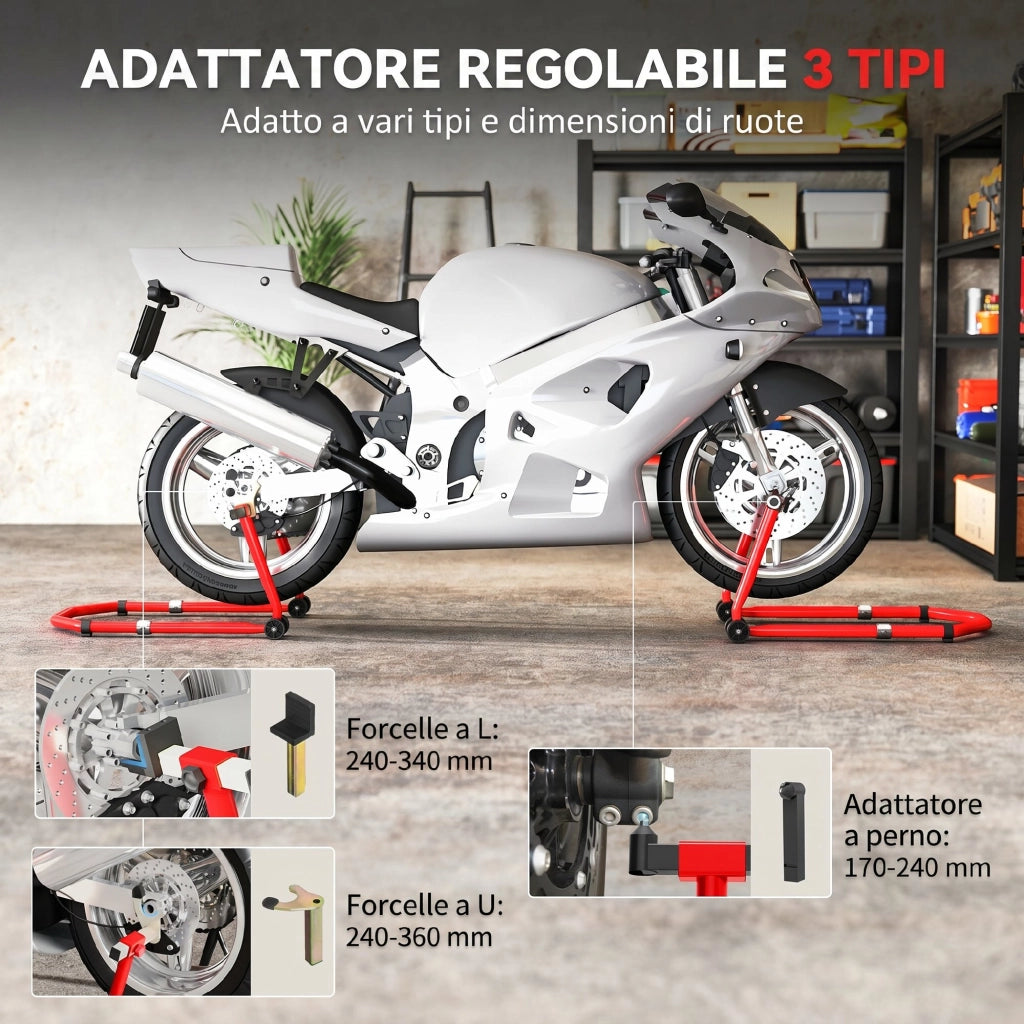 Cavalletto Moto Anteriore e Posteriore con Capacit¨¤ 390 kg, Forcelle a U e L, Rotelle e Cuscinetti Antiscivolo, Rosso