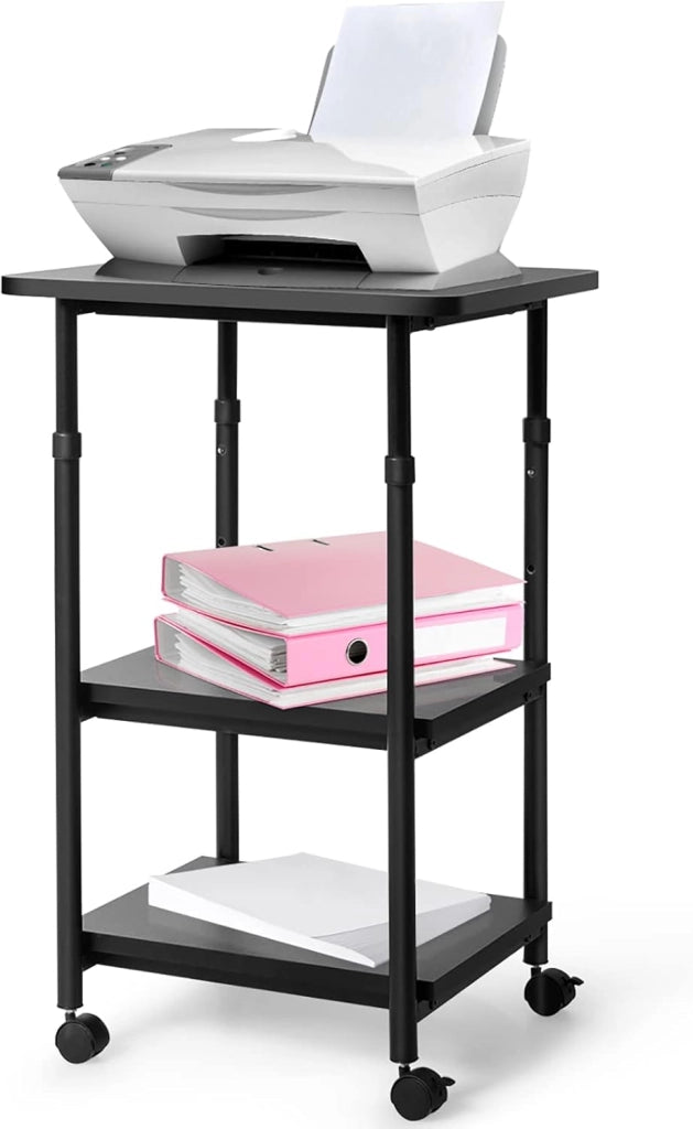Carrello Supporto per Stampante, Scaffale Portaoggetti con Ruote, a 3 Ripiani, Ruote con Freni, Altezza Regolabile, Portata di 50 kg per Ogni Piano, 49x40x67-77 kg