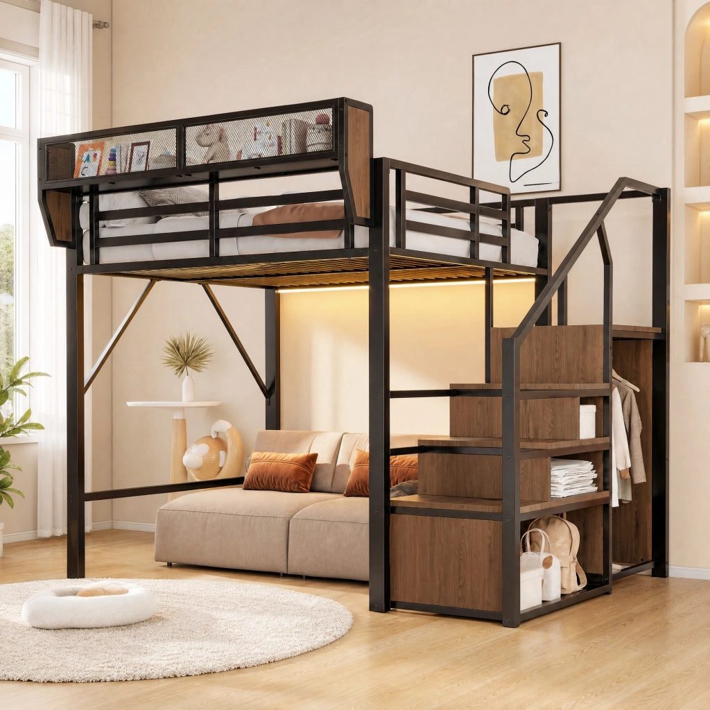 Letto a soppalco in metallo 140 × 200 cm con scala; LED e ripiano regolabile; nero