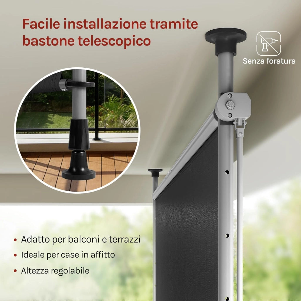 Tenda da Sole Verticale con Manovella, 200x310 cm, Frangivista da Esterno Estensibile, Oscurante, Protezione Solare, Resistente alle Intemperie, Montaggio senza Foratura, Grigio