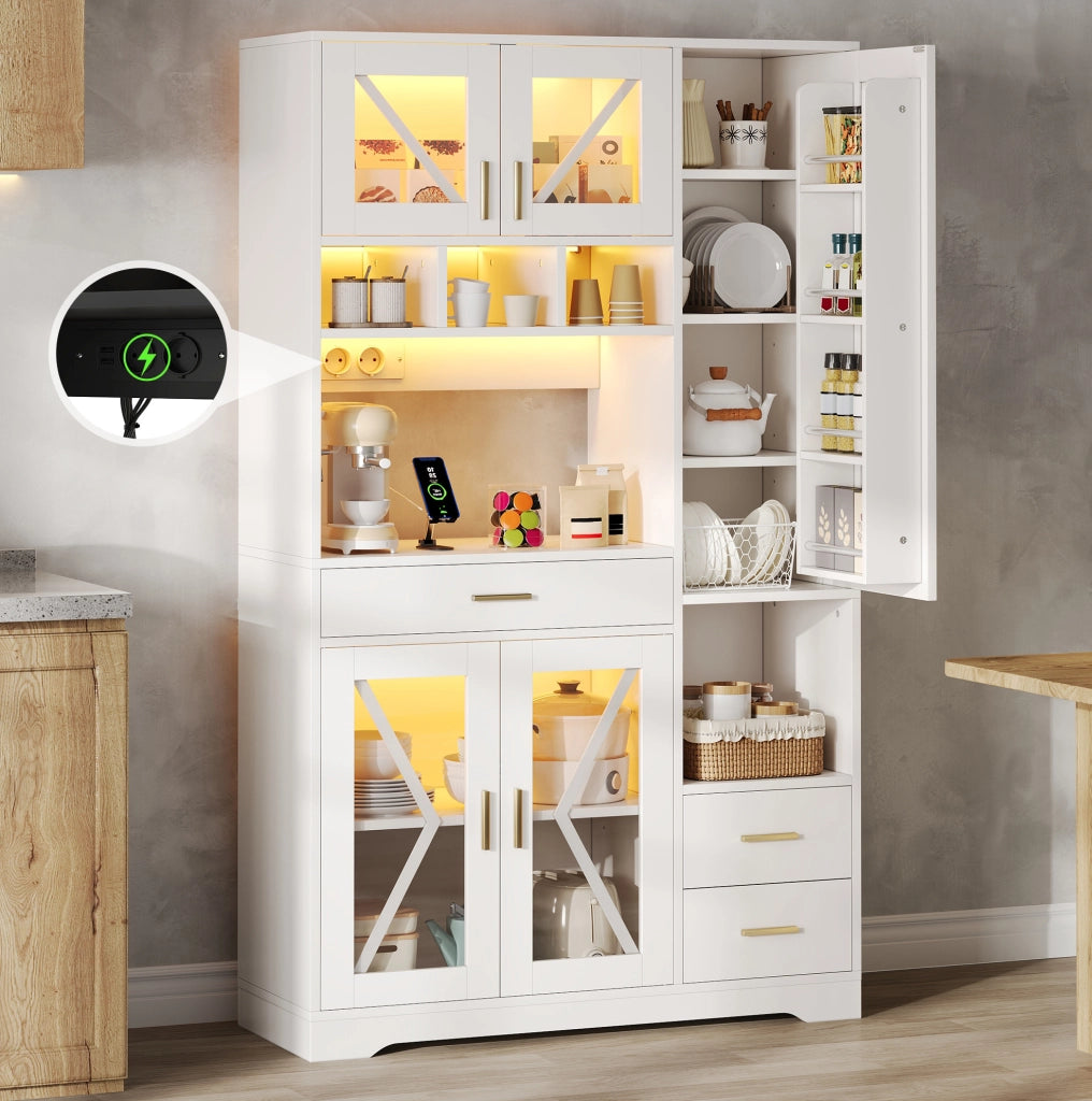Credenza alta con LED e prese, 105x40x185 cm, bianca